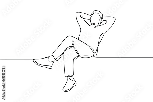 Relaxed person sitting with hands behind head in continuous line drawing style