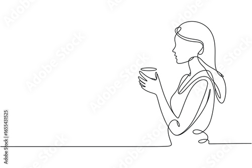 Minimalist line art of a woman holding a cup of coffee