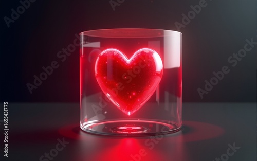 Glowing Red Heart Inside Glass Cube Digital Art. High quality