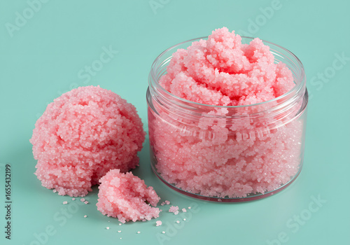 Pink Sugar Body Scrub in Jar on Turquoise Background