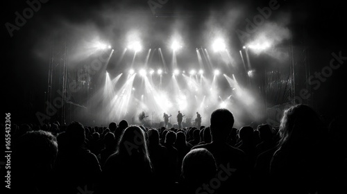 Concert stage glows with bright lights above a crowd, a black and white scene
