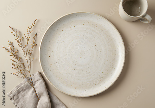 Rustic Table Setting: An Empty Ceramic Plate with Dried Grass on a Beige Background