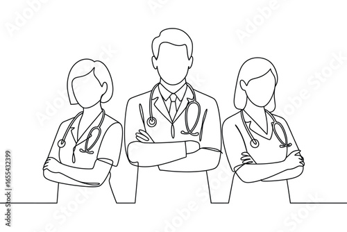 Team of doctors with stethoscopes in a continuous line drawing