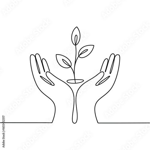 Hands nurturing a growing plant with continuous line art