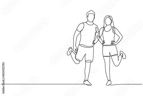 Couple exercising together with a continuous line drawing style