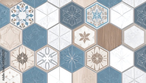 Hexagonal patterned tiles in muted colors