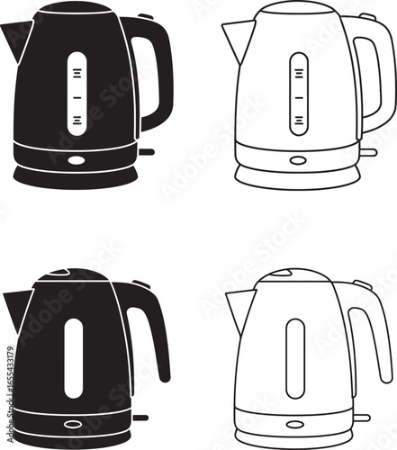 Electric Kettle Illustration Set in Black and White Line Art Style