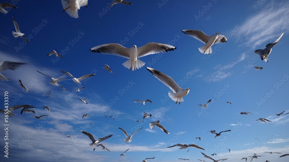 Fototapeta premium Seagulls Flying Blue Skyカモメが飛ぶ青空6
