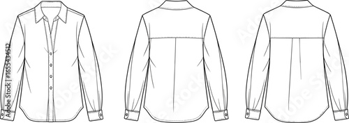 Fashion flat sketch, button down shirt, women blouse design, apparel technical drawing, long sleeve shirt, clothing vector, garment mockup, casual wear 
