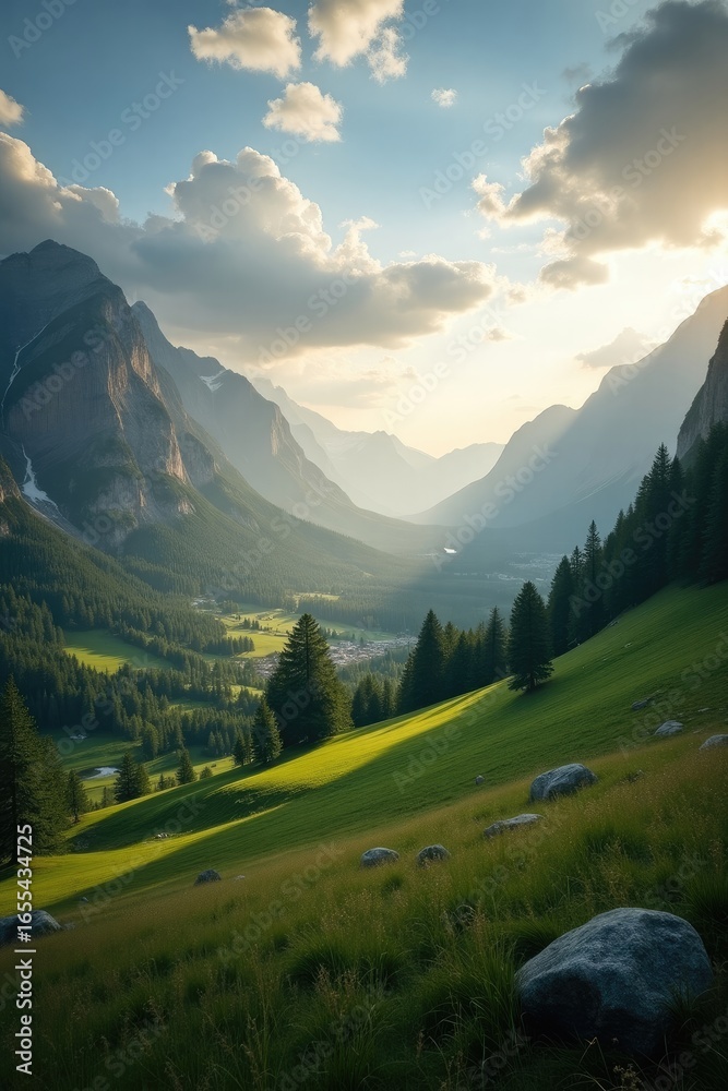 Obraz premium Lush valley nestled amongst majestic mountains under a vibrant sky.