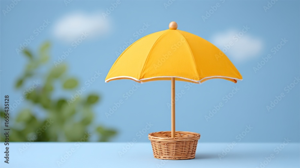 custom made wallpaper toronto digitalSmall yellow umbrella in a woven basket against a blue sky with blurred green foliage