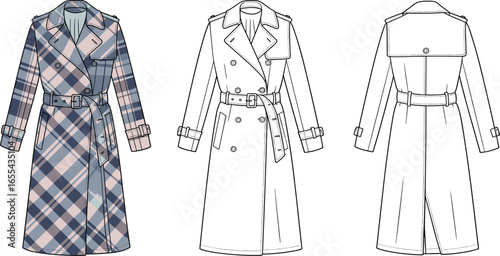 Plaid trench coat flat sketch, belted long coat fashion CAD, technical drawing outerwear design, vector apparel template, sewing illustration