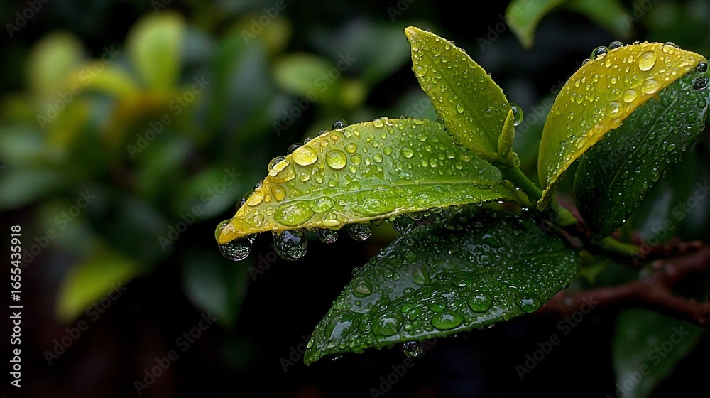 Obraz premium Detailed close up of fresh green leaves glistening with numerous water droplets after rain