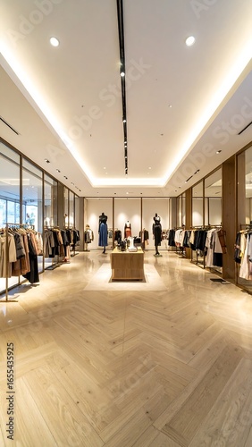 Modern, bright retail space with hardwood floors, mannequins displaying clothing, and glass-walled displays