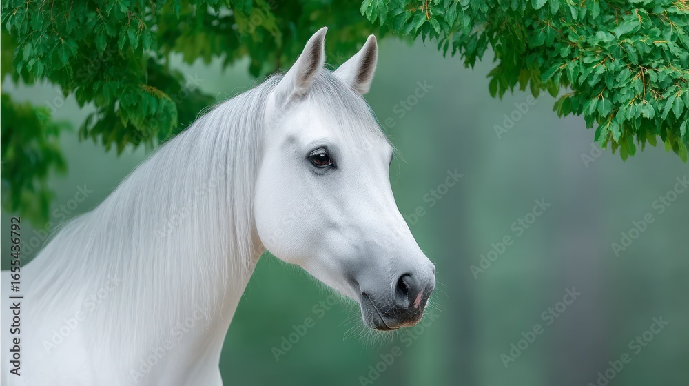Obraz premium Elegant white horse profile with flowing mane and green leaves overhead