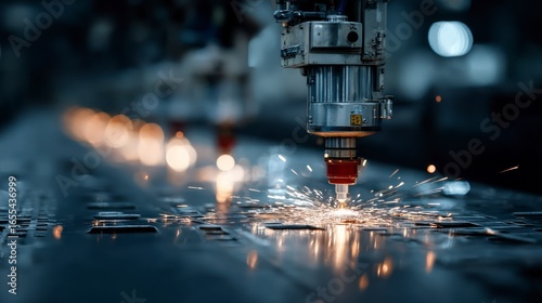 Industrial laser cutting machine precisely cutting metal sheet creating sparks and bright lights