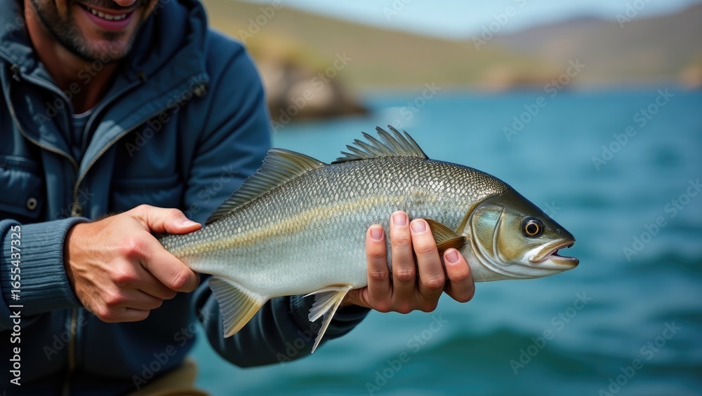Obraz premium Fisherman holds a freshly caught fish.