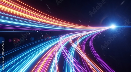Cinematic sci-fi wallpaper menampilkan terowongan cahaya interdimensi bercahaya, dengan aliran neon biru, oranye, dan ungu berputar menuju portal kosmik, penuh energi misterius dan futuristik.