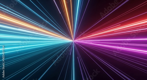Colorful neon light trails forming abstract curved lines on dark background, symbolizing speed, data flow, and futuristic technology. Perfect for digital design, sci-fi, and innovation themes.