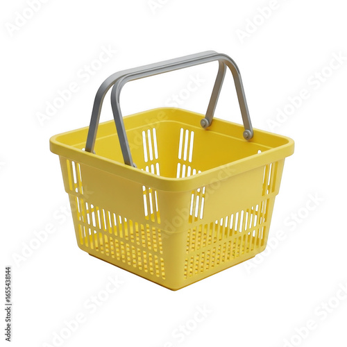Bright yellow plastic shopping basket with metal handle for grocery stores and retail transparent background