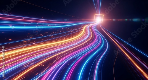 Colorful neon light trails forming abstract curved lines on dark background, symbolizing speed, data flow, and futuristic technology. Perfect for digital design, sci-fi, and innovation themes.