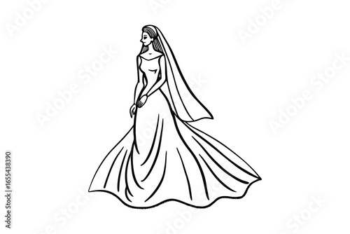 Elegant bride in a flowing wedding dress silhouette isolated on white background