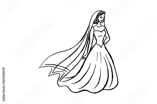Elegant bride in wedding dress silhouette isolated on white background