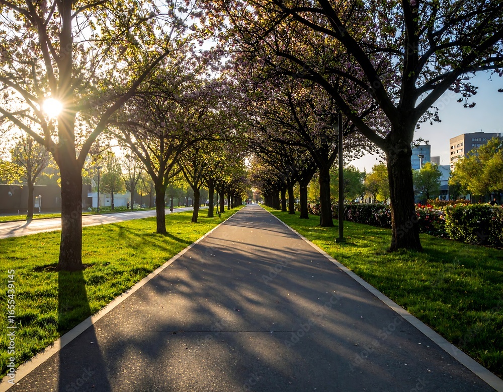 Fototapeta premium Sunny park path lined with blossoming trees