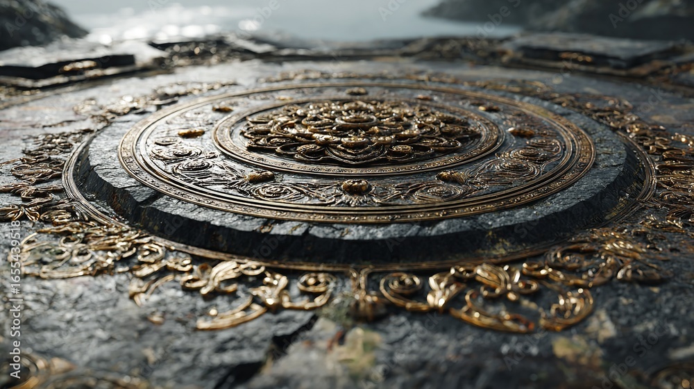 Ornate Stone Carving with Intricate Golden Inlays on Ancient Island Landscape, Suggesting Fantasy Artifact Ornate Stone Carving with Intricate Golden Inlays on Ancient Island Landscape, Suggesting Fantasy Artifact