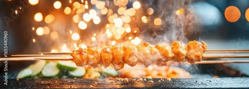 Grilled satay skewers at a lively Thai street food market full of vibrant flavors and aromas
