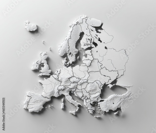 3D European map, white relief