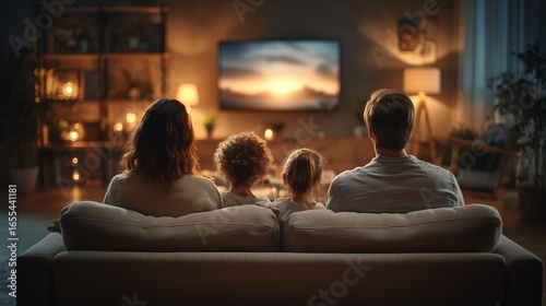 Cozy minimalist family enjoying quality TV time on a sofa with warm lighting in a clean living room, perfect for advertising or lifestyle content