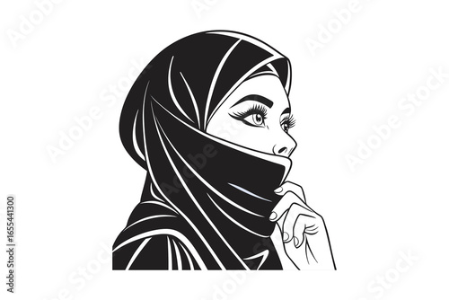 Beautiful muslim woman wearing hijab silhouette isolated on white background