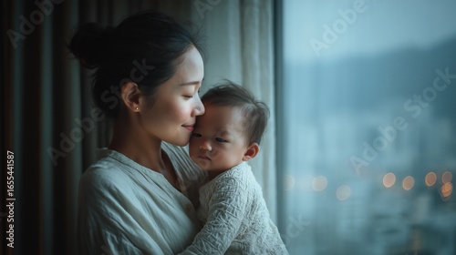 Asian mother cradling her baby by a sunlit urban window, soft natural lighting enhancing the tender moment