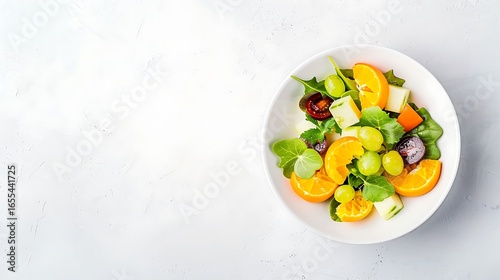 A vibrant fruit salad with oranges, grapes, and greens, isolated on white background