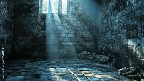 Ethereal Light Beams Pierce Ancient Stone Dungeon Illuminating Mysterious Gloomy Atmosphere.