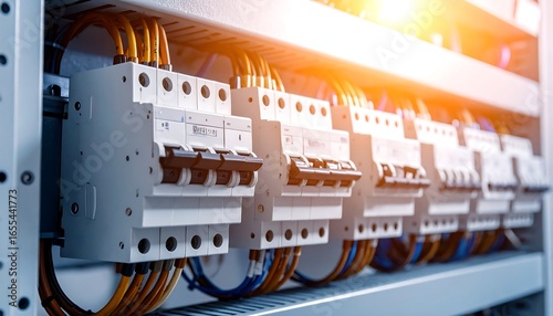 Modern Electrical Panel with Circuit Breakers and Wiring with Industrial Control.