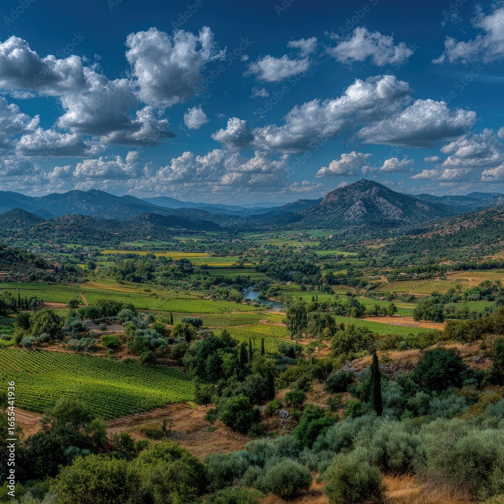 Fototapeta premium Rolling Green Hills Under a Cloudy Blue Sky