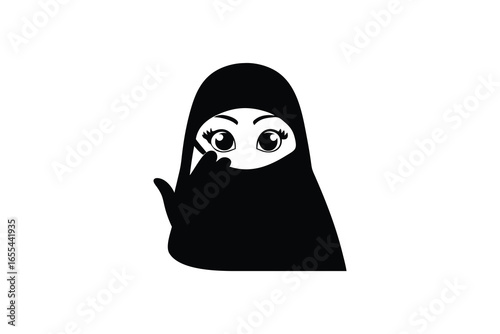 Cute muslim girl wearing hijab niqab silhouette isolated on white background