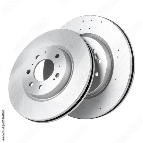 Brake Discs Isolated On White Background: A detailed product shot reveals two pristine brake discs, a symbol of automotive innovation and precision engineering. 