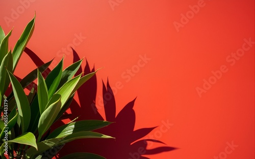 Crimson Wall With Green Plant and Sunlight Shadows. High quality