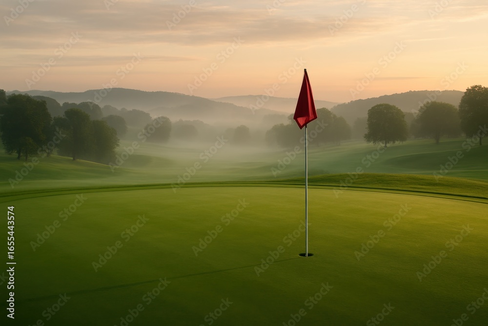 Obraz premium Championship golf course with morning dew on manicured fairway