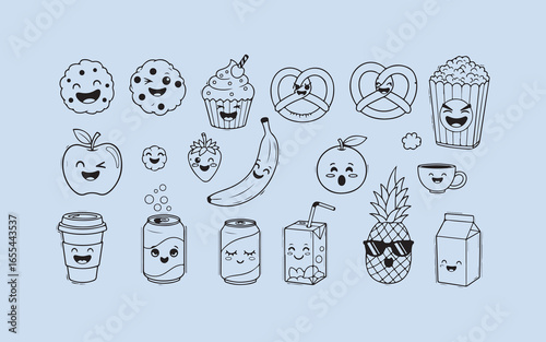 Collection of cute hand drawn cartoon food and drink characters with funny faces and expressions