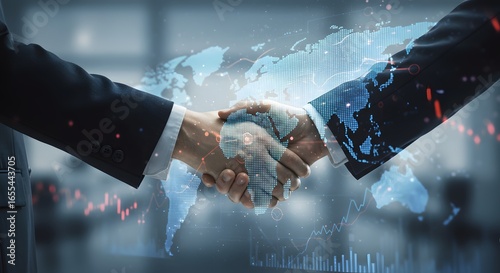 Global Business Partnership Handshake with World Map Overlay