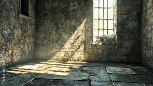 Ethereal Sunbeam Shifts Across Ancient Stone Room Through Barred Window Revealing Gritty Textures.