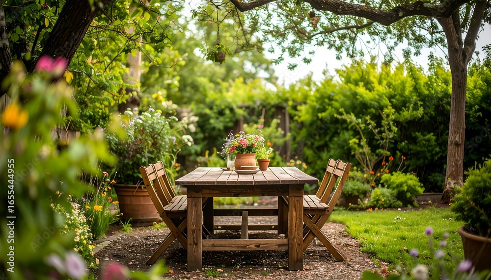 Obraz premium Rustic wooden patio table and chairs in a garden