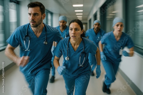 Dynamic medical team in motion through hospital corridor with professional healthcare workers responding to emergency situations