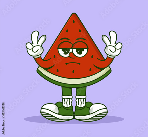 Watermelon cartoon mascot with a cheerful retro vibe. Cute and juicy fruit character vector illustration