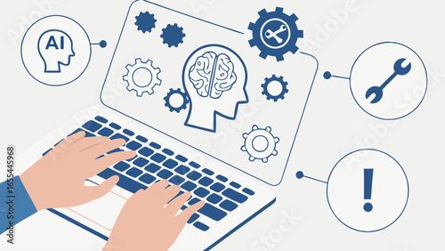 AI Development Hands Typing on Laptop with Brain and Gear Icons.