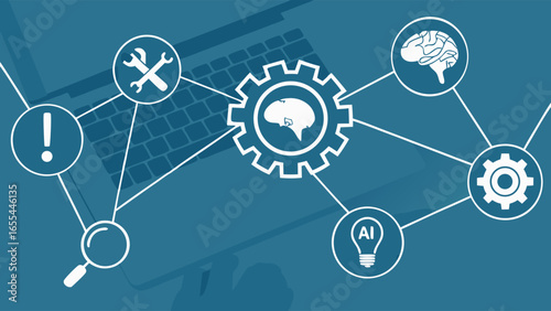 AIPowered Cogwheel System with Brain Tools and Idea Bulb.